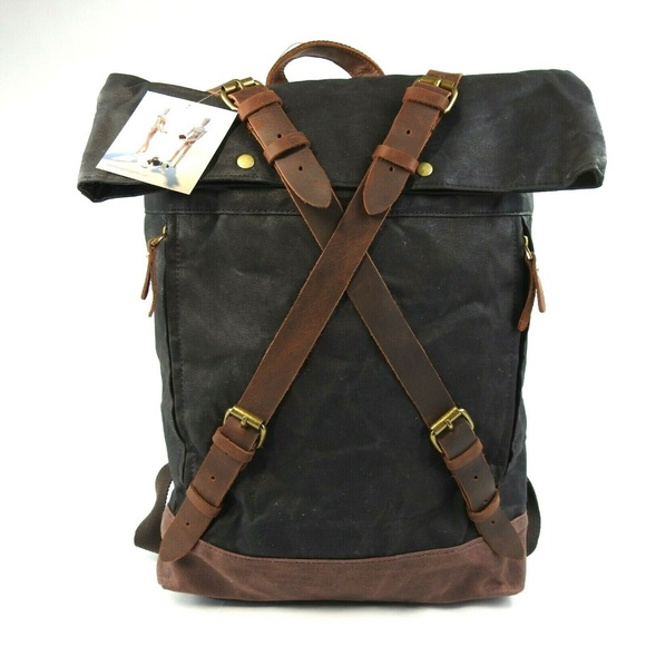 Waxed Canvas With Leather Trim Roll Top Backpack - Picture 2 of 8